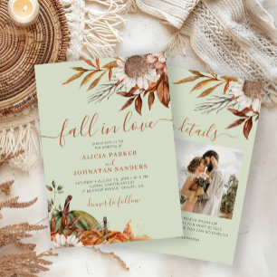 Soft green rust leaves boho floral fall wedding invitation