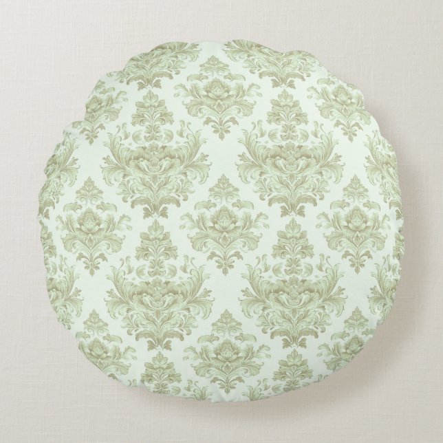 Soft green scroll design round cushion (Front)