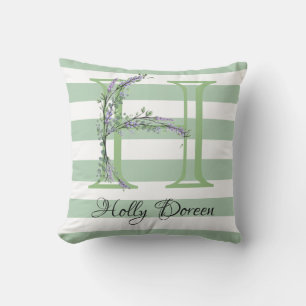 Soft green strips monogram lavender greenery cushion