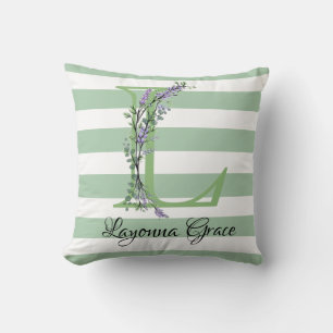 Soft green strips monogram lavender greenery cushion