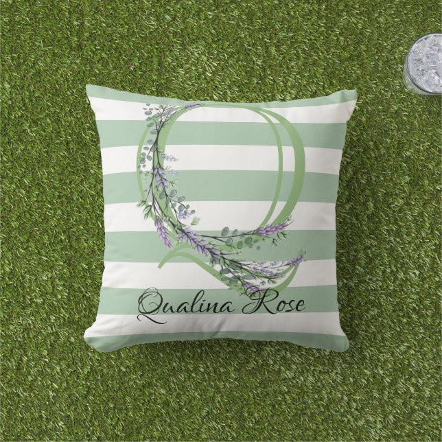 Soft green strips monogram lavender greenery cushion (Grass)