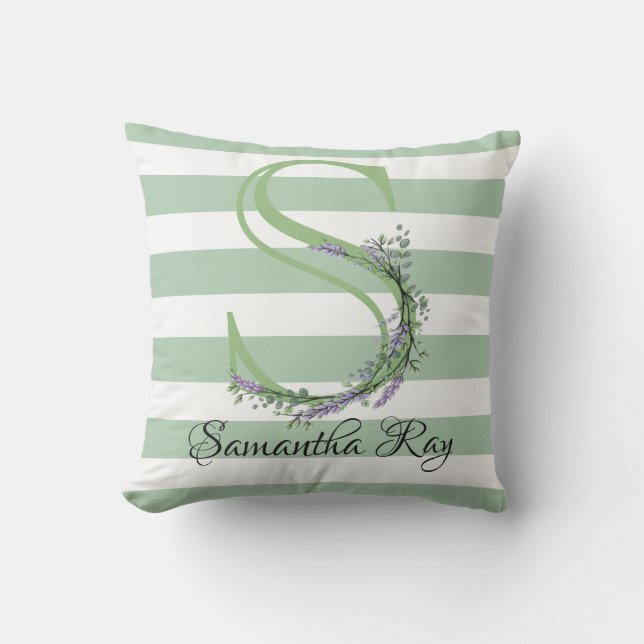 Soft green strips monogram lavender greenery cushion (Front)