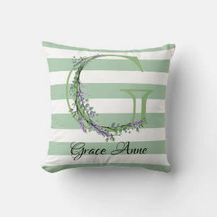 Soft green strips monogram lavender greenery cushion