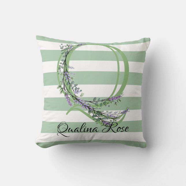 Soft green strips monogram lavender greenery cushion (Front)