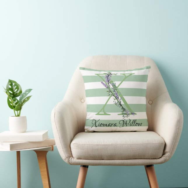 Soft green strips monogram lavender greenery cushion (Chair)