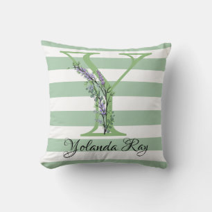 Soft green strips monogram lavender greenery throw cushion