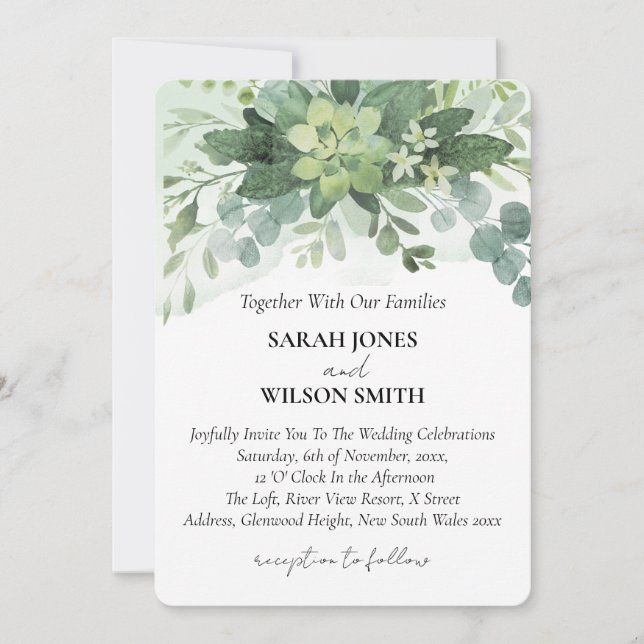 Soft Green Succulent Wedding Floral Botanical Invitation (Front)