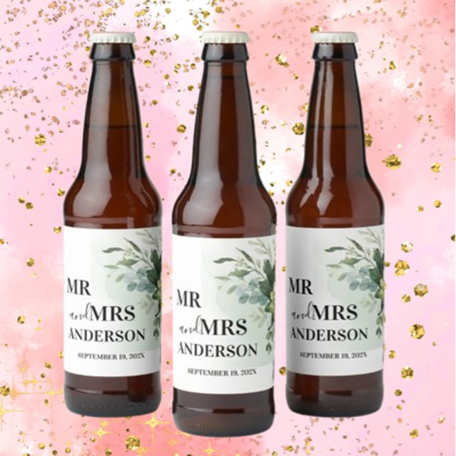 Soft Green Succulent Wedding Floral Botanical Pape Beer Bottle Label (Elevate your wedding celebration with our Soft Green Succulent Beer Bottle Label.)