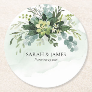 Soft Green Succulent Wedding Floral Botanical Round Paper Coaster