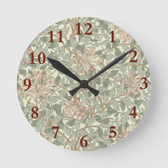 Soft Green Vintage William Morris Honeysuckle Round Clock (Front)