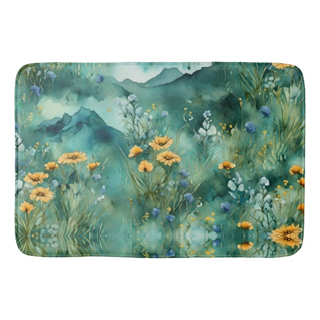 Soft Green watercolor landscape wildflowers Bath Mat (Front)