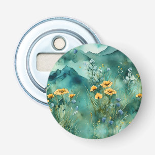 Soft Green watercolor landscape wildflowers Bottle Opener