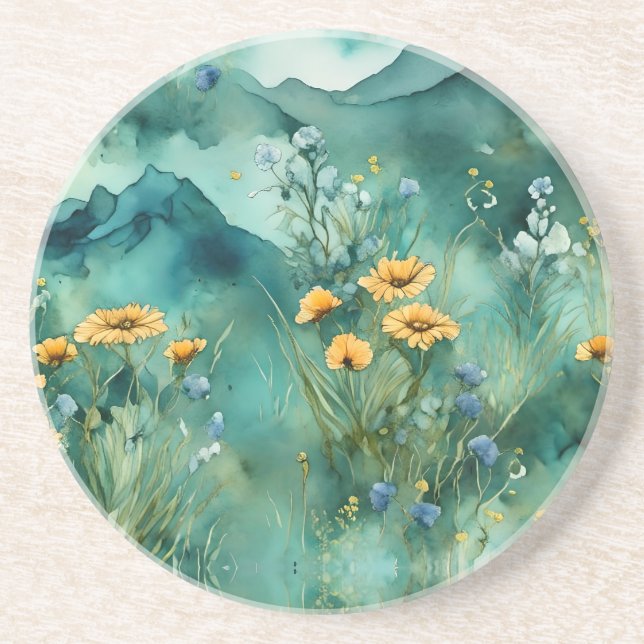 Soft Green watercolor landscape wildflowers Coaster (Front)