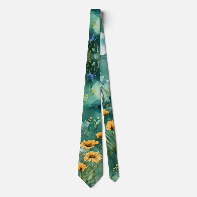 Soft Green watercolor landscape wildflowers Tie (Front)