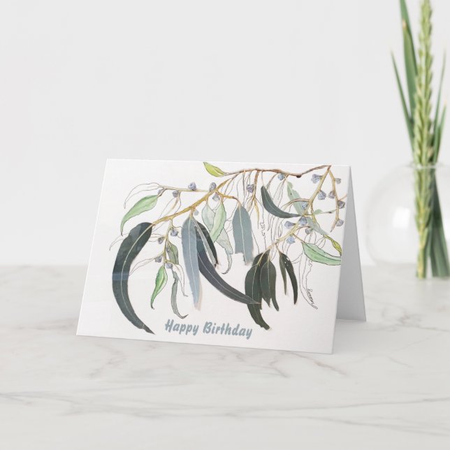 soft green watercolour gum leaf Birthday Card (Front)
