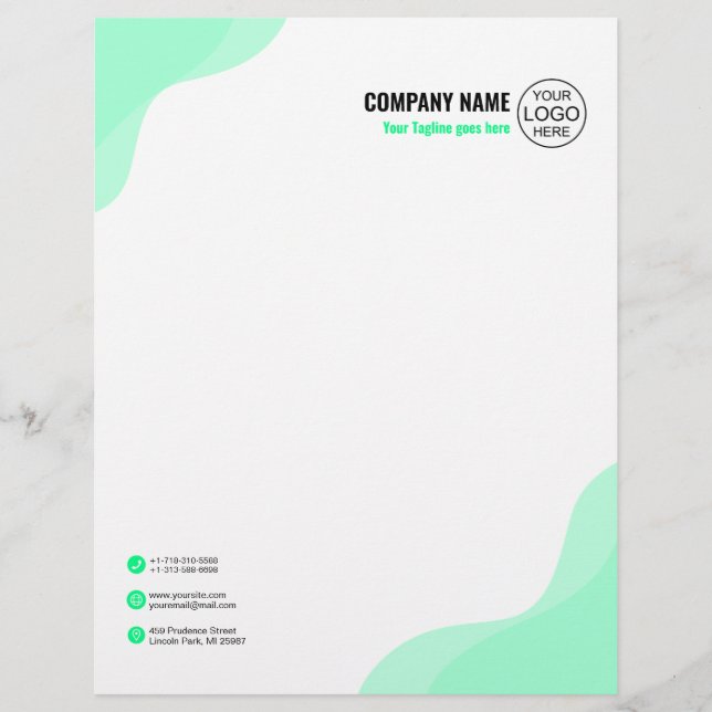 Soft green waves elegant custom letterhead (Front)