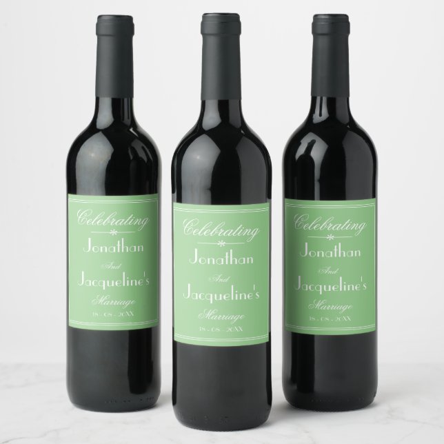 Soft Green Wedding Simple White Script Details Wine Label (Bottles)