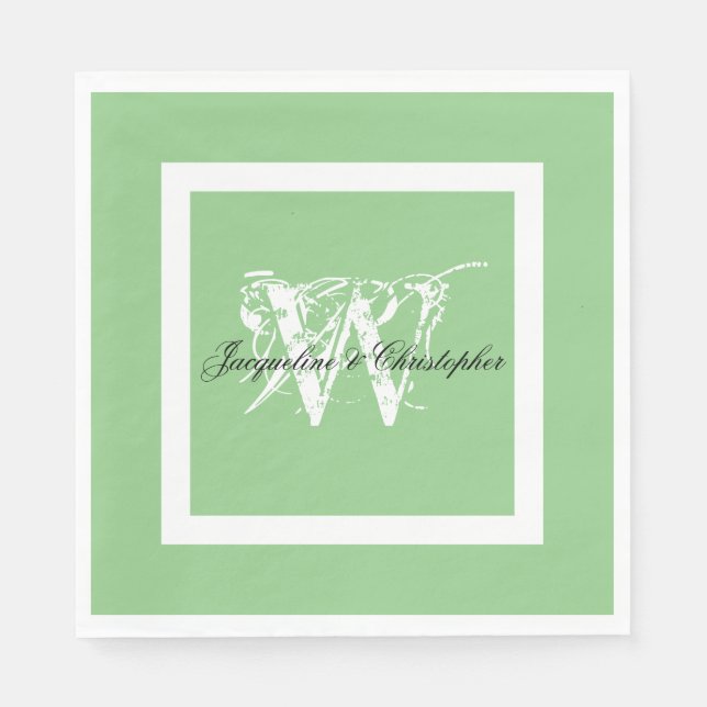 Soft Green Wedding White Monogram & Names Paper Napkin (Front)