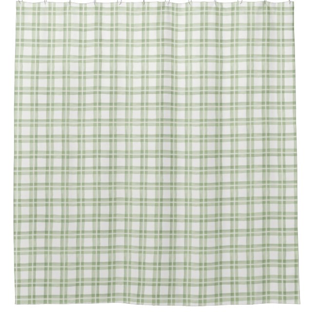 Soft Green White English Country Check Plaid Shower Curtain (Front)