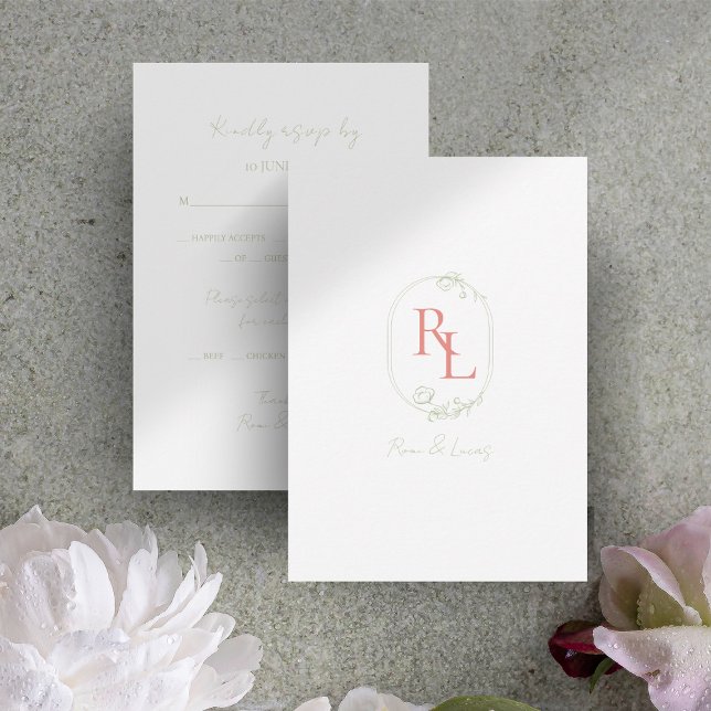 Soft Green & White Floral Coral Monogram Wedding  RSVP Card (Creator Uploaded)