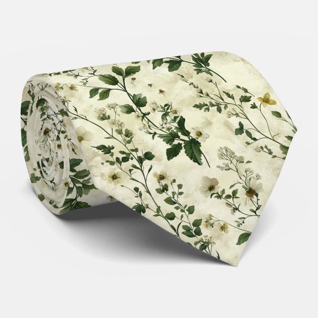 Soft Green Wildflower Vine Wedding Tie (Rolled)