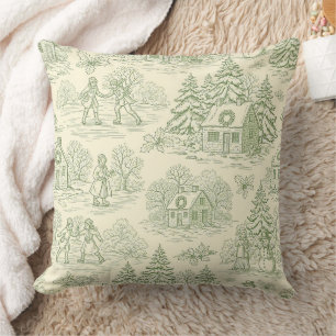 Soft Green Winter Village Toile Pattern Cushion