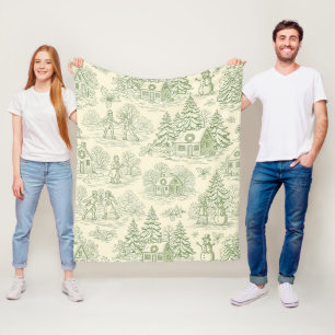Soft Green Winter Village Toile Pattern Fleece Blanket