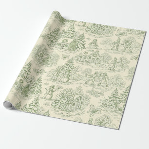 Soft Green Winter Village Toile Pattern Wrapping Paper