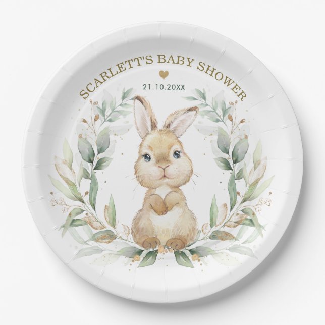 Soft Greenery Bunny Easter Rabbit Baby Shower Paper Plate (Front)