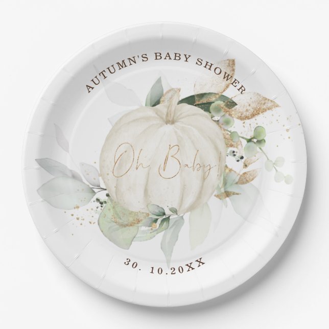 Soft Greenery Gold Pumpkin Baby Shower Fall Autumn Paper Plate (Front)