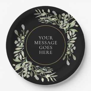 Soft Greenery Leaves Black and Gold Celebration Paper Plate