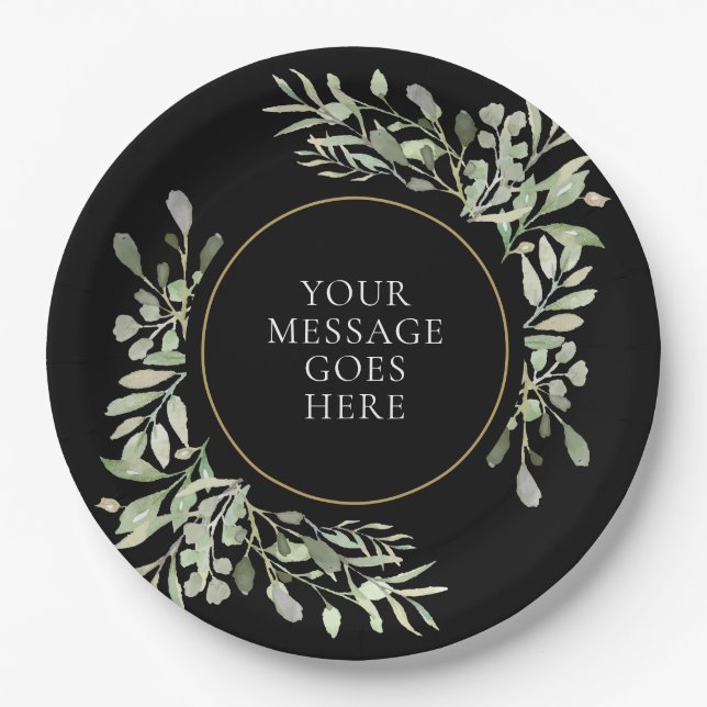 Soft Greenery Leaves Black and Gold Celebration Paper Plate (Front)