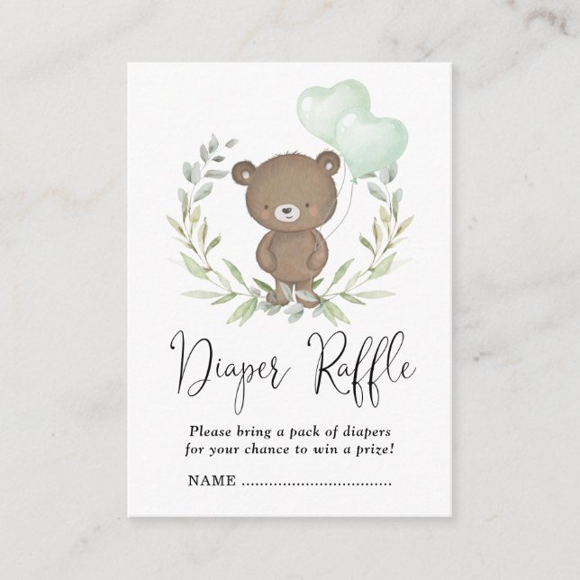 Soft Greenery Teddy Bear Baby Shower Diaper Raffle Enclosure Card (Front)
