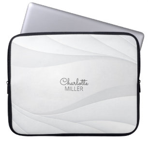 Soft Grey Abstract Waves Pattern with Custom Name Laptop Sleeve