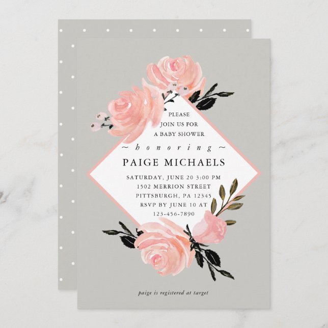 Soft Grey and Blush Floral Baby Shower Invitation (Front/Back)