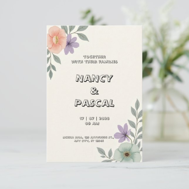 Soft grey and cream wedding invitation card (Standing Front)