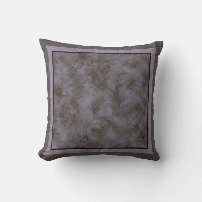 Soft grey and lavender floral scroll design cushion (Front)