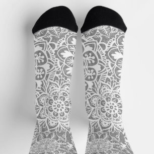 Soft Grey and White Mandala Pattern Socks