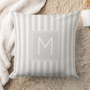 Soft Grey and White Ticking Stripe Monogram Cushion