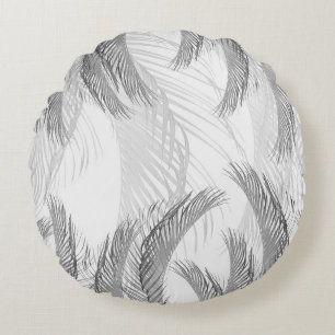 Soft Grey Black White Feather Palm Bliss 1 Round Cushion