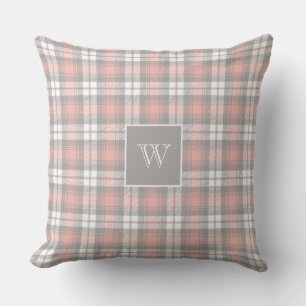 Soft Grey Pink Monogram Gingham Girly Plaid Cushion