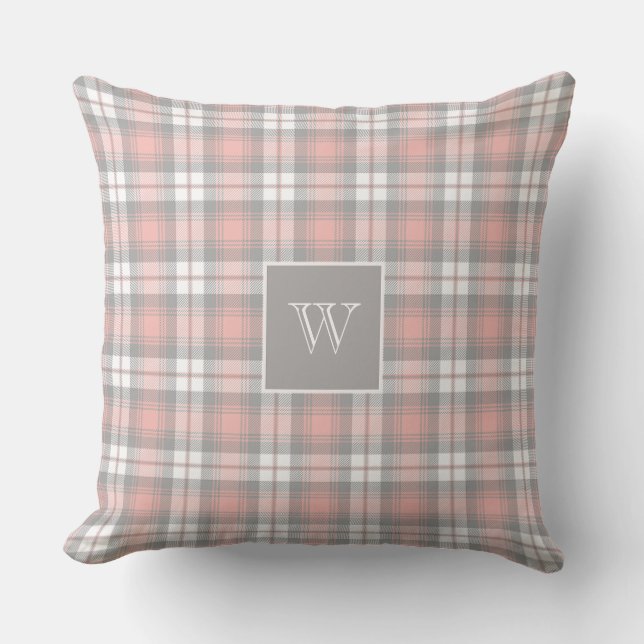 Soft Grey Pink Monogram Gingham Girly Plaid Cushion (Front)