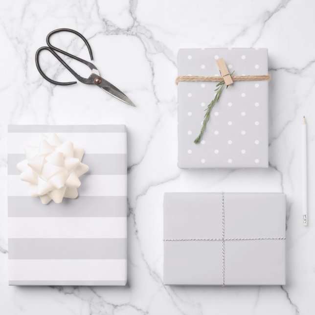 Soft Grey Polka Dot Wide Striped and Solid Wrapping Paper Sheet (Front)