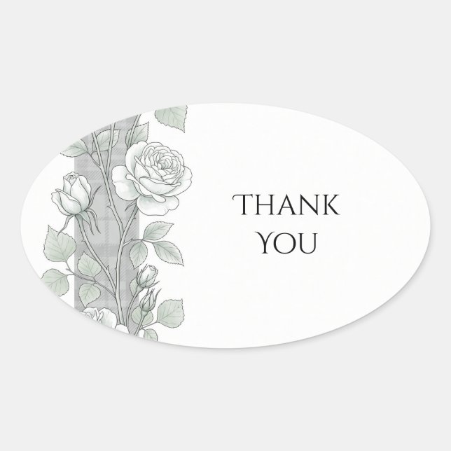 Soft Grey Tartan Rose Thank You Sticker (Front)