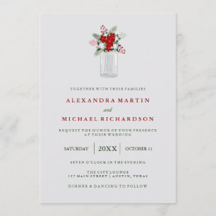 Soft Grey Winter Holiday Mason Jar Wedding Invitation