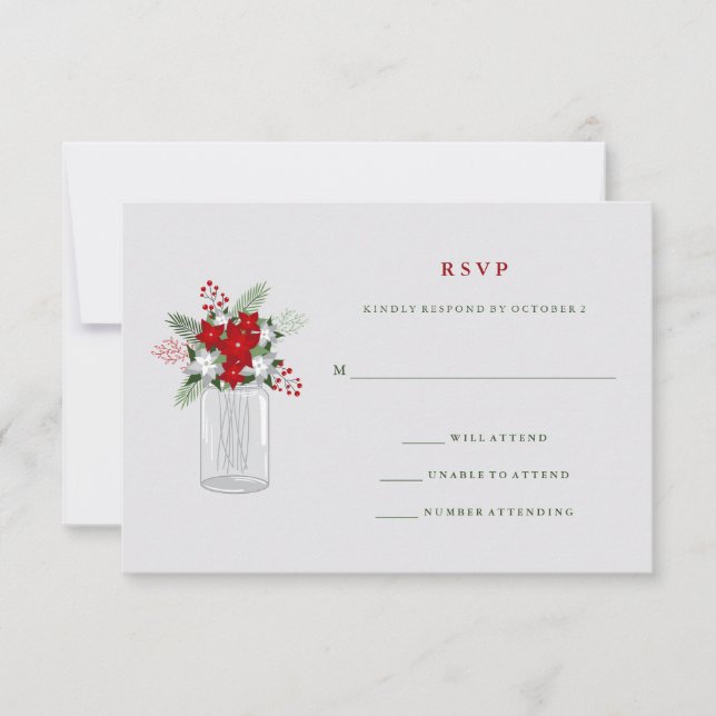 Soft Grey Winter Holiday Mason Jar Wedding RSVP (Front)