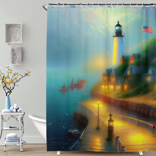 Soft harbour and lighthouse shower curtain