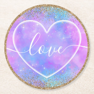 Soft Heart on pastel gradient ombre Love Round Paper Coaster