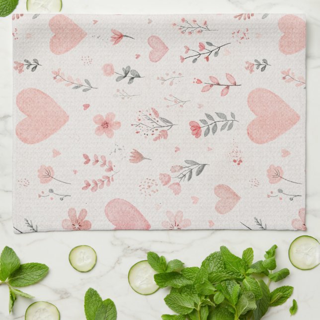 Soft Hearts & Floral Kitchen Towel (Folded)