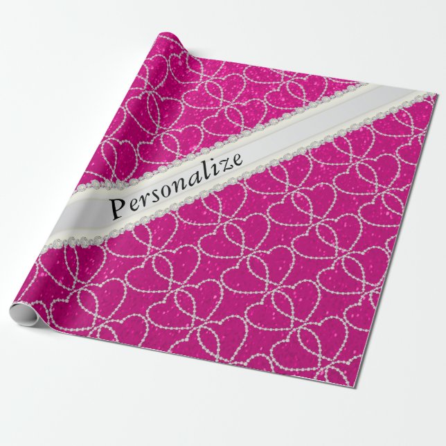 Soft Hot Pink Glitter Diamond Heart Patterns Wrapping Paper (Unrolled)